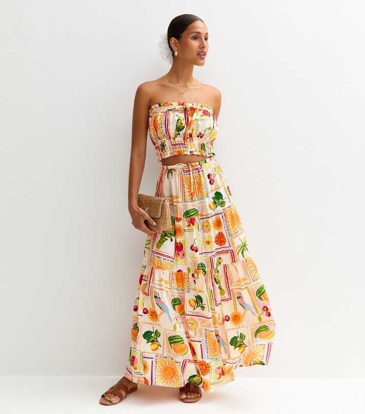 Multicoloured Fruit Print Tiered Maxi Skirt