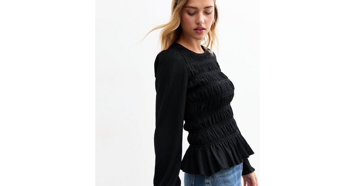 Pre-Order Black Ruffle Short Sleeve Shirred Peplum Top main image 1