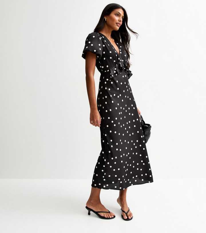 Black Satin Spot Print Ruffle Trim Midi Dress