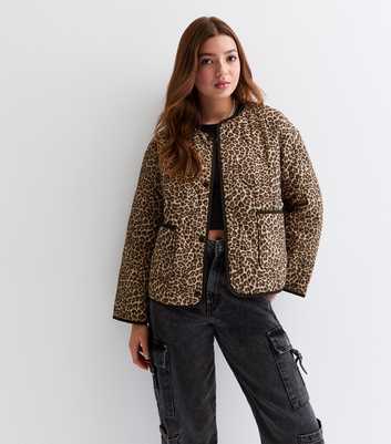 Girls Brown Leopard Print Quilted Jacket