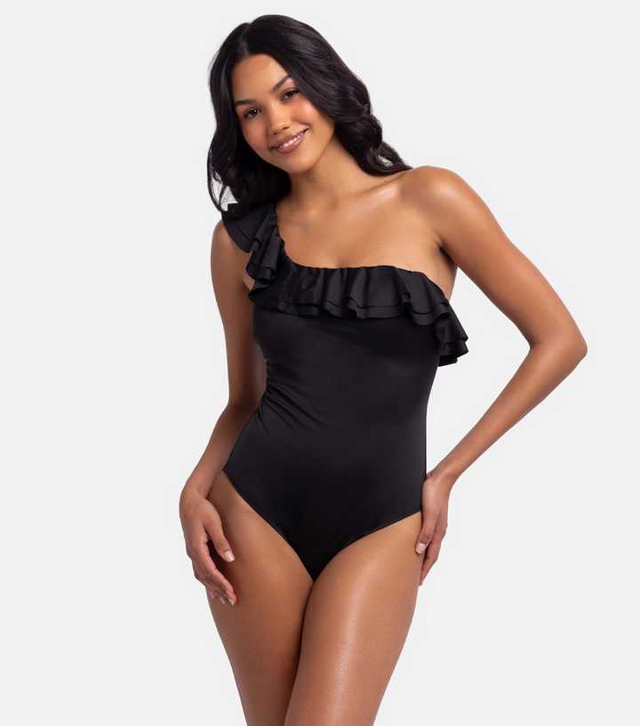 Dorina Black Ruffle Trim One Shoulder Swimsuit