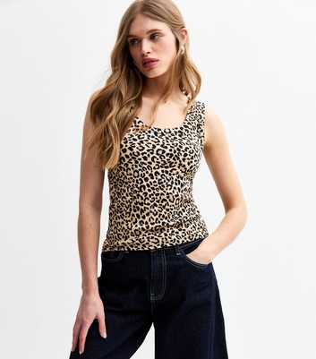 Brown Leopard Print Scoop Neck Ribbed Vest
