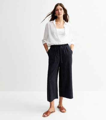 Navy Striped Linen Cropped Trousers