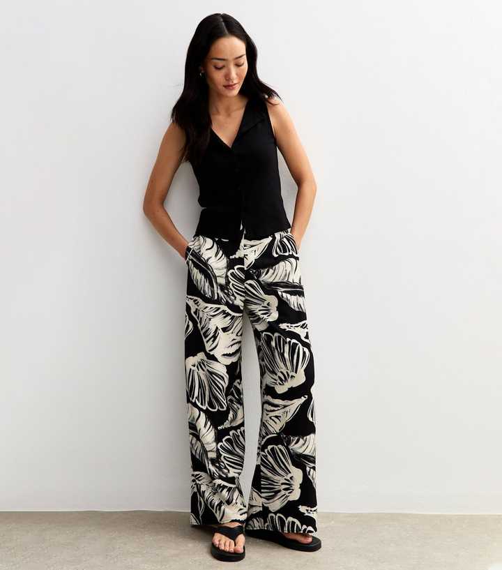 Black Shell Print Textured Wide Leg Trousers