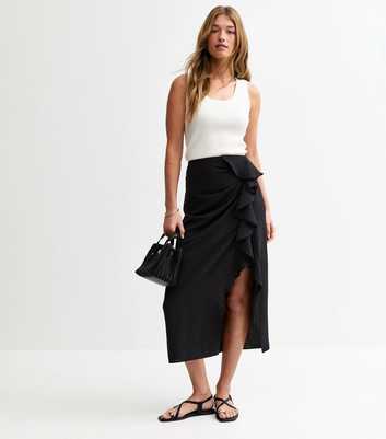 Black Textured Ruffle Side Midi Skirt