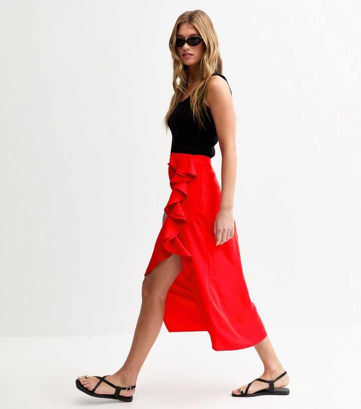 Bright Red Textured Ruffle Side Midi Skirt