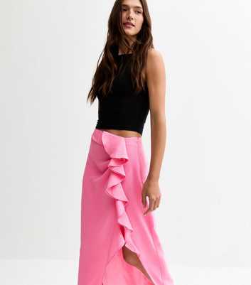 Bright Pink Textured Ruffle Side Midi Skirt