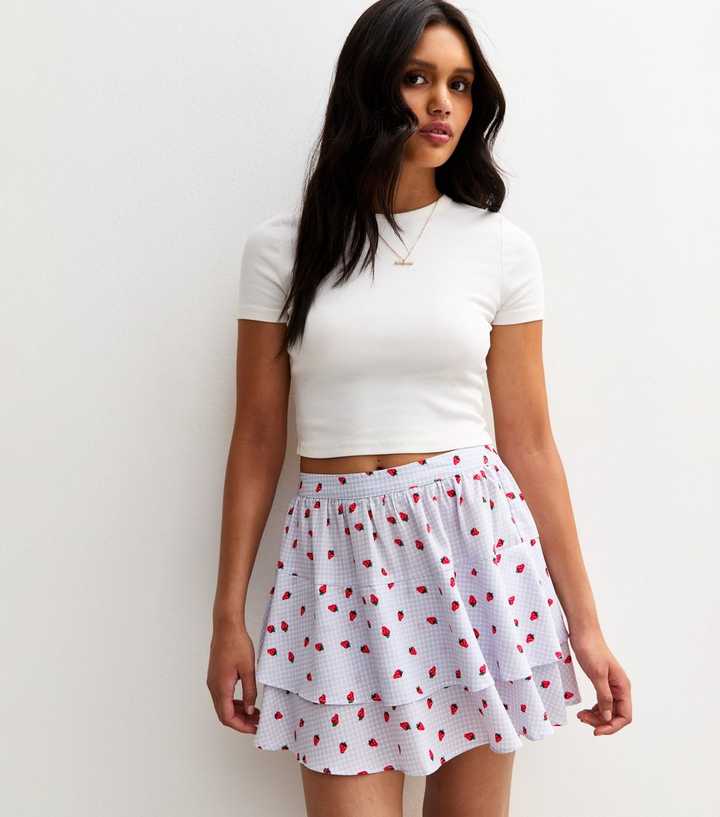 Blue Crepe Tiered Gingham Strawberry Print Mini Skirt