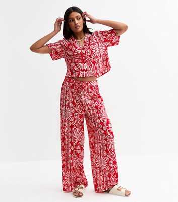 Red Leaf Print Wide Leg Crepe Trousers