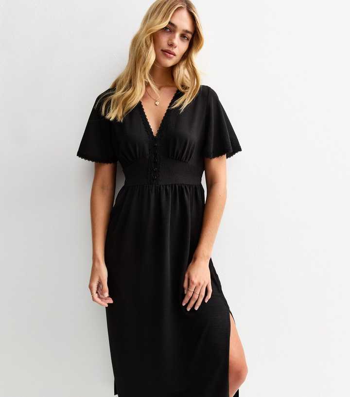 Black Lace Trim Button Through Midi Dress