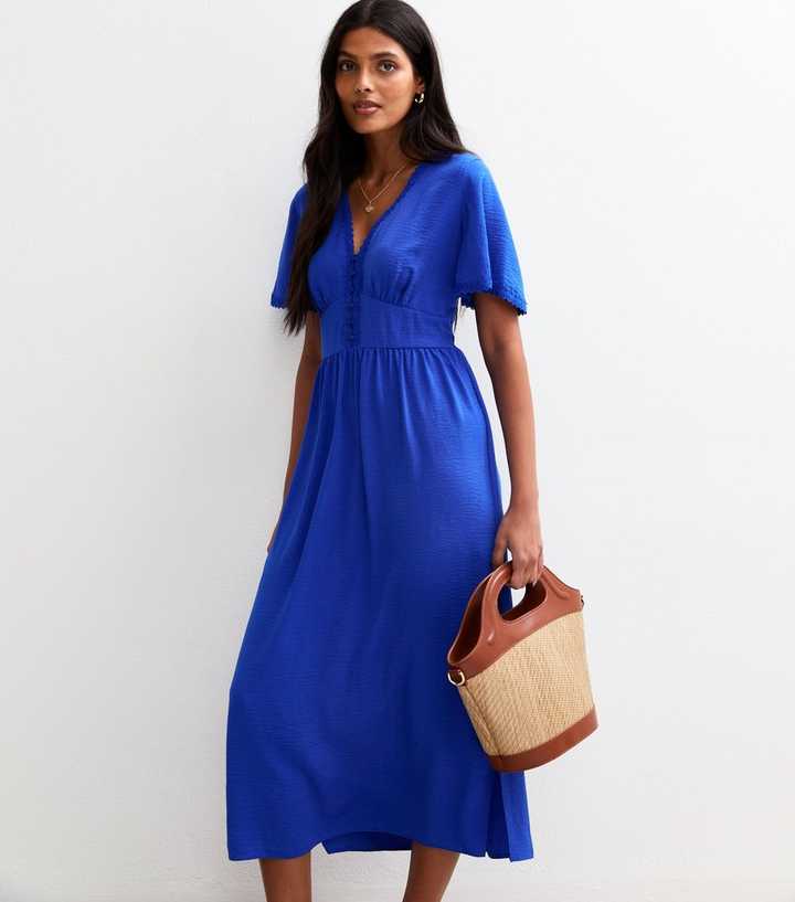 Blue Lace Trim Button Through Midi Dress | New Look