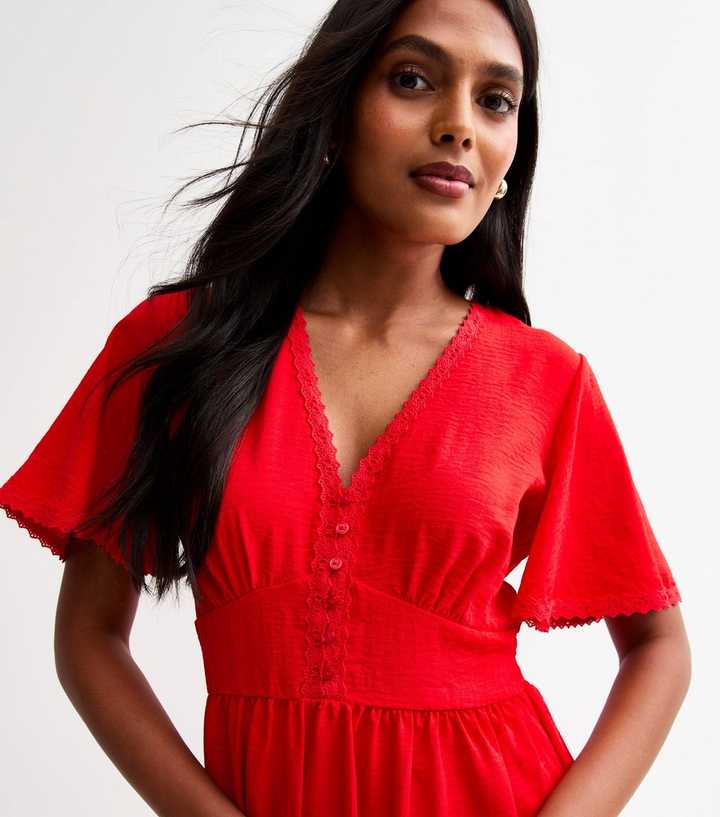 Bright Red Lace Trim Button Through Midi Dress | New Look Bright Red Lace Trim Button Through Midi Dress | New Look