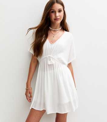 Girls White Swim Blanket Stitch Kaftan