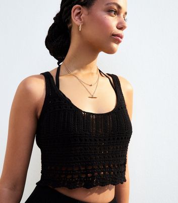 Black Pointelle Knit Beach Crop Top