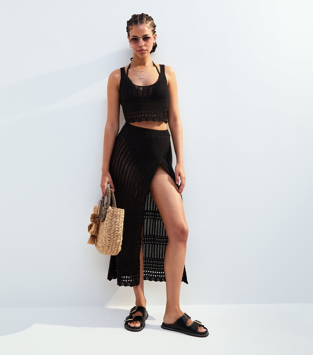 Women's Black Pointelle Wrap Style Beach Skirt New Look