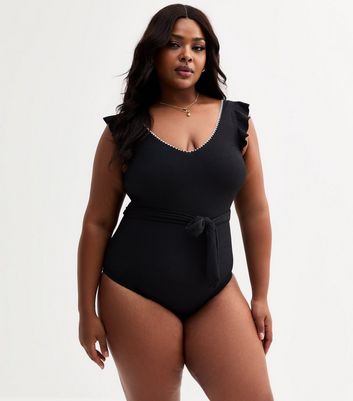 Curves Black Frill Trim Swimsuit | New Look