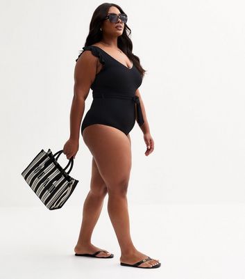 Curves Black Frill Trim Swimsuit | New Look