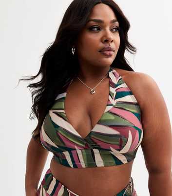 Curves Green Leaf Print Halterneck Bikini Top