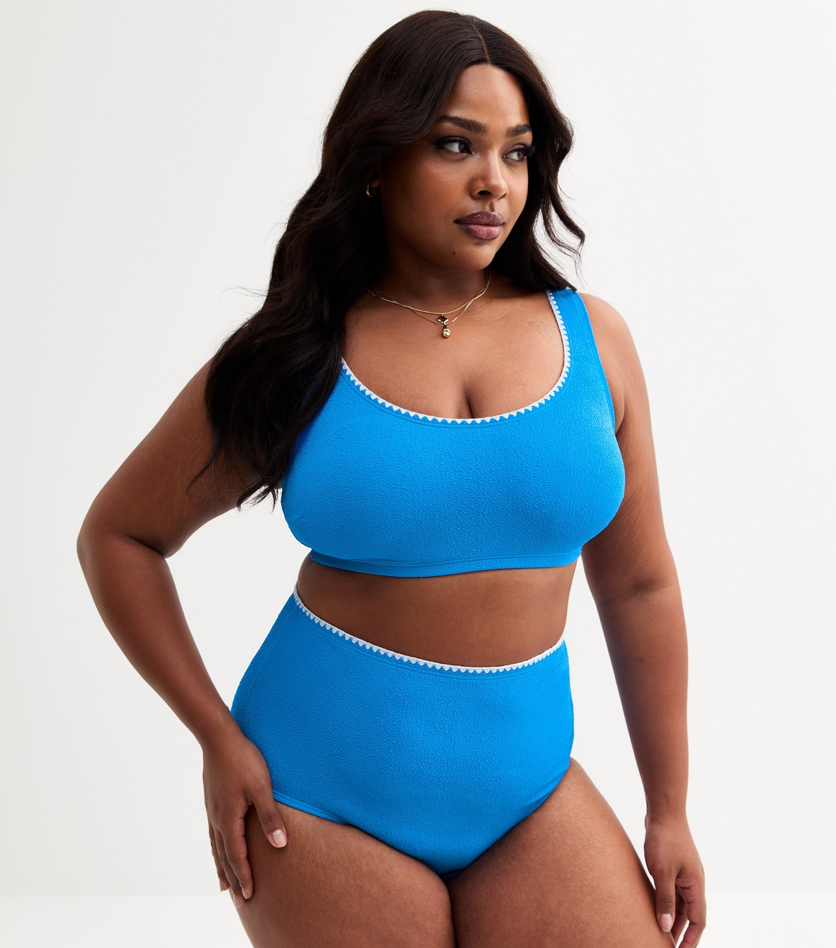 Women's Plus Size Bright Blue Blanket Stitch Trim High Waisted Bikini Bottoms Curves New Look