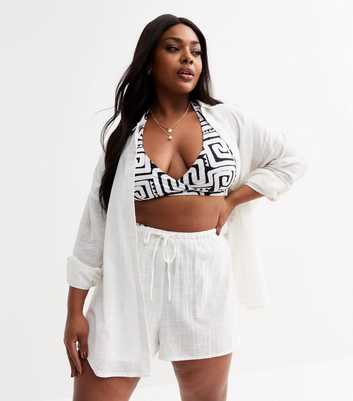 Curves White Drawstring Waist Slubbed Shorts