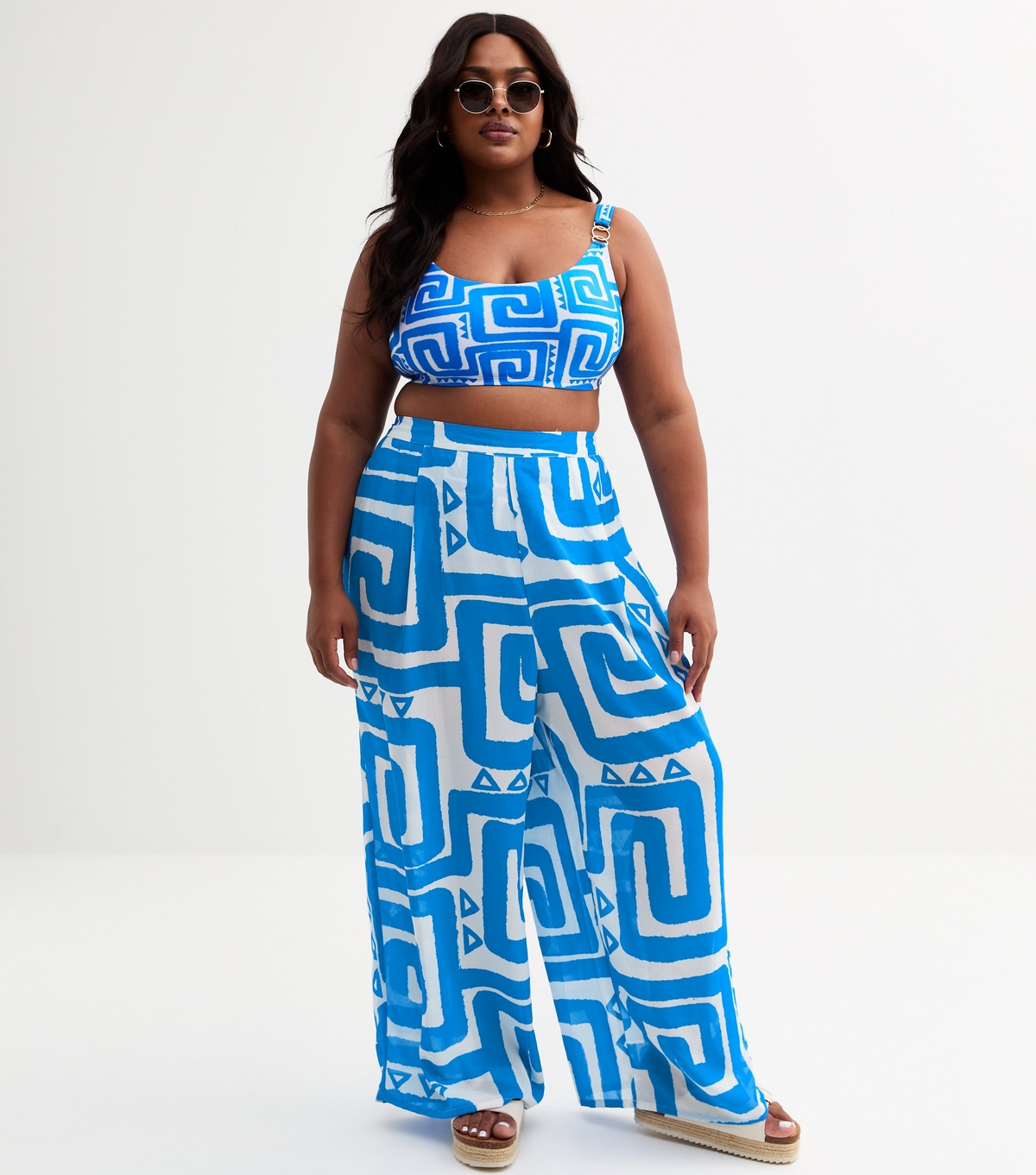 Women's Plus Size Blue Swirl Print Trousers Curves New Look