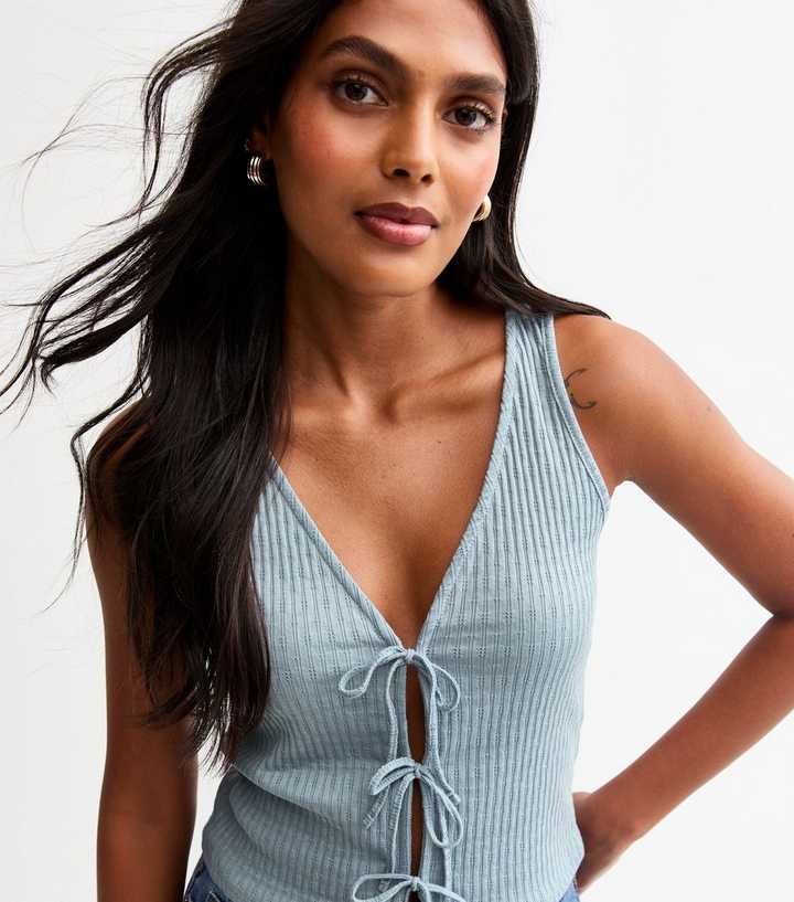 Light Blue Ribbed Pointelle Effect Tie Front Vest
