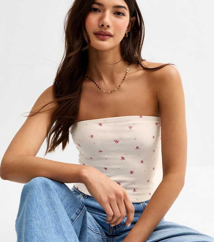 White Floral Print Jersey Bandeau Top