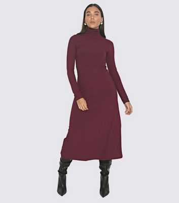 WKNDGIRL Burgundy High Neck Rib Jersey Midi Dress