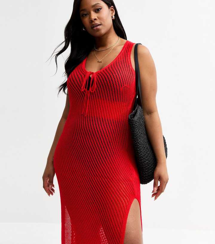 Curves Red Crochet V-Neck Maxi Dress