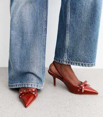 Bright Red Studded Bow Detail Slingback Court shoes