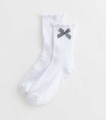 White Frill Trim Gingham Bow Ankle Socks