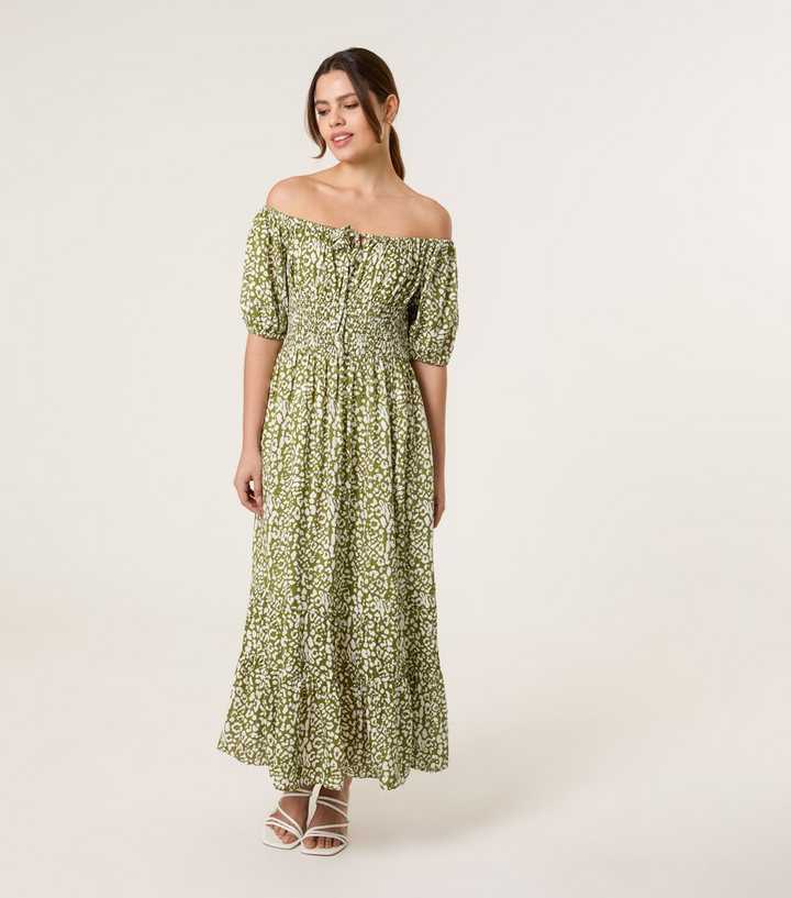 Blue Vanilla Green Floral Print Off The Shoulder Maxi Dress