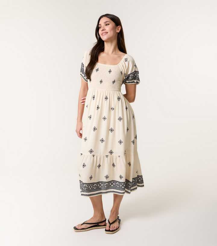 Blue Vanilla Cream Border Print Midi Dress