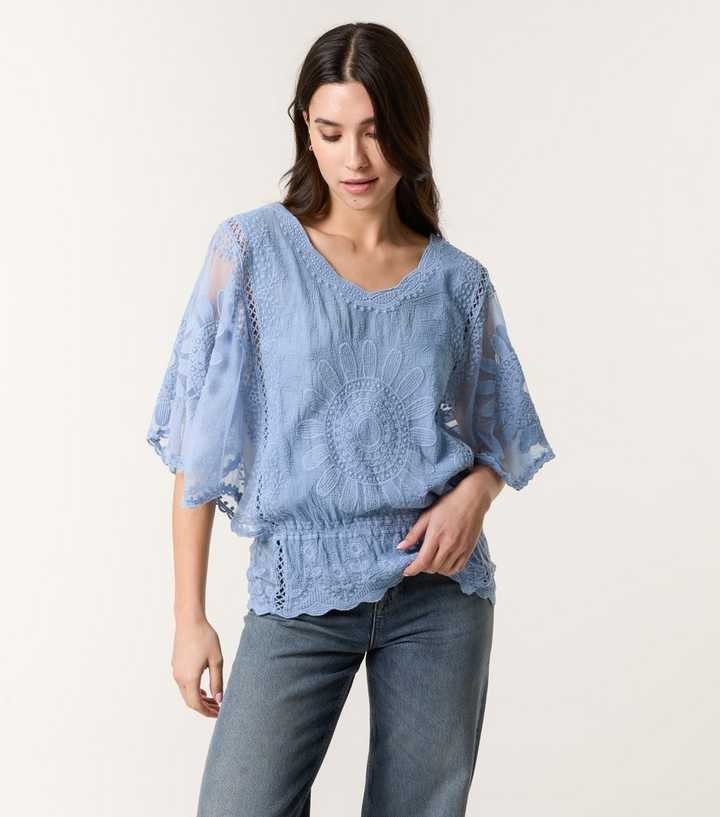 Blue Vanilla Light Blue Sunflower Lace Blouse