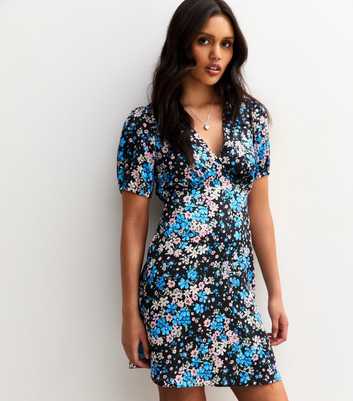 Black Satin Floral Print Mini Dress