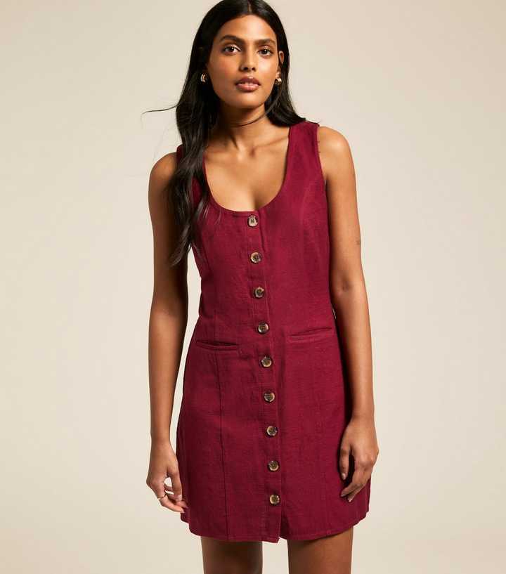 Burgundy Cotton Button Through Mini Dress New Look