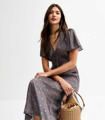 Black Check Strawberry Print Satin Midi Dress