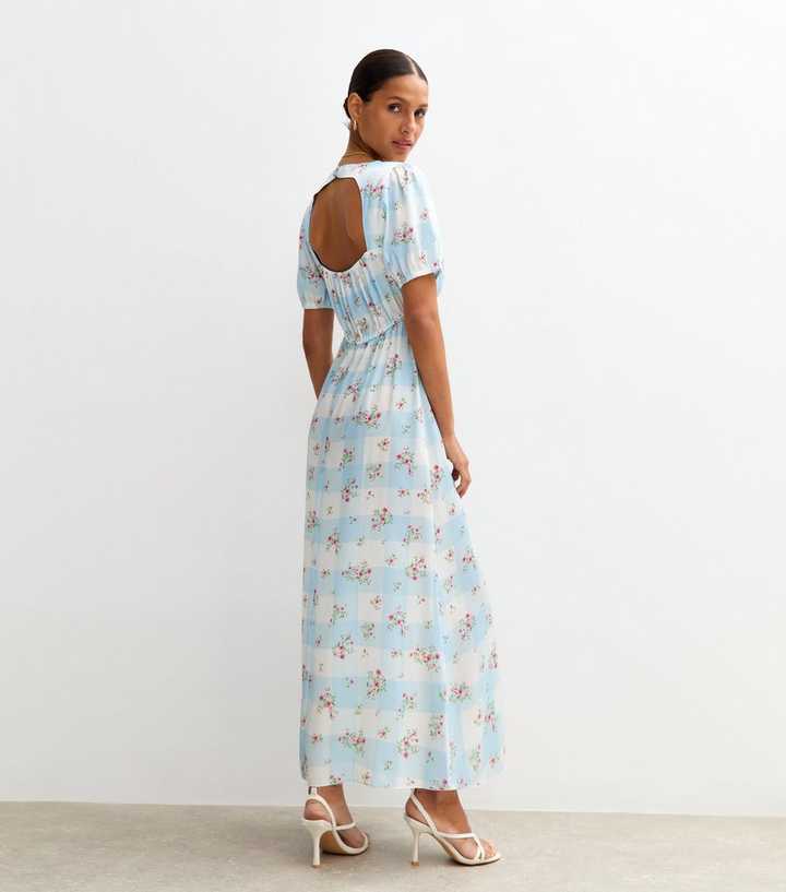 Blue Checked Floral Print Satin Midi Dress