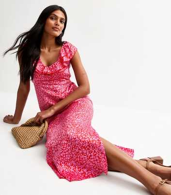 Pink Floral Print Satin Midi Dress