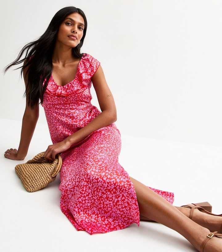 Pink Floral Print Satin Midi Dress