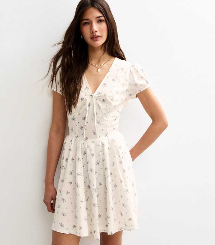 White Ditsy Print Fitted Waist Mini Dress