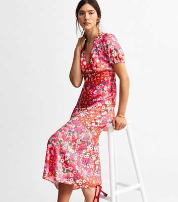 Pink Floral Print Satin Midi Dress