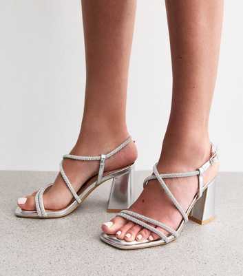 Wide Fit Silver Diamante Embellished Block Heel Sandals