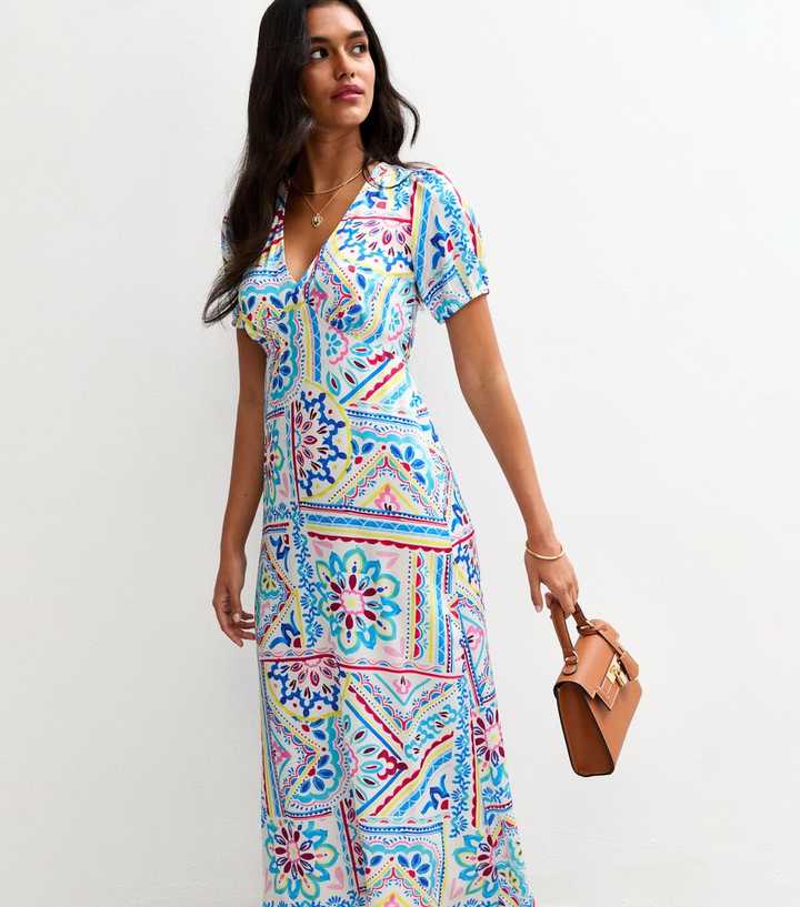 Blue Satin Tile Print Midi Dress