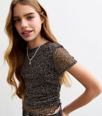 Girls Brown Leopard Print Mesh Ruched T-Shirt | New Look