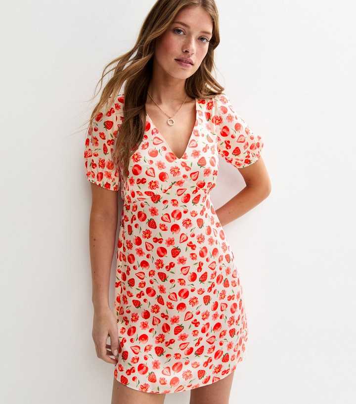 White Strawberry Print Tie Back Satin Mini Dress