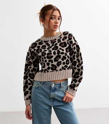 Girls Brown Leopard Print Cropped Jumper