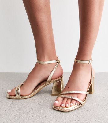 Wide Fit Gold Metallic Faux Leather Block Heel Sandals | New Look