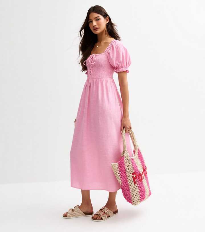 Pink Tie Front Shirred Midi Dress