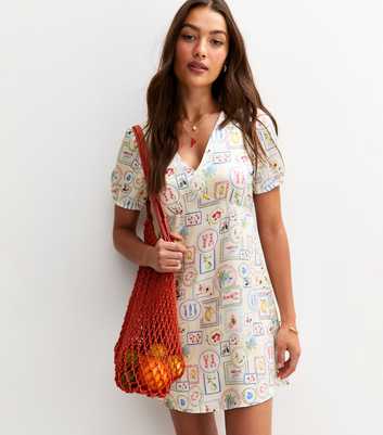 White Stamp Print Satin Tie Back Mini Dress